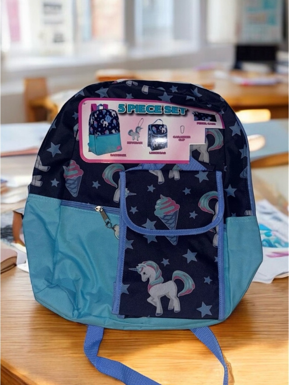 Trailmaker Unicorn & Stars 5-Piece Kids Girls Backpack Set Navy Light Blue Pink